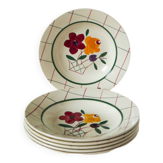 Lot de 6 assiettes creuses à fleurs et carreaux Gien modèle "Esterel", 1950