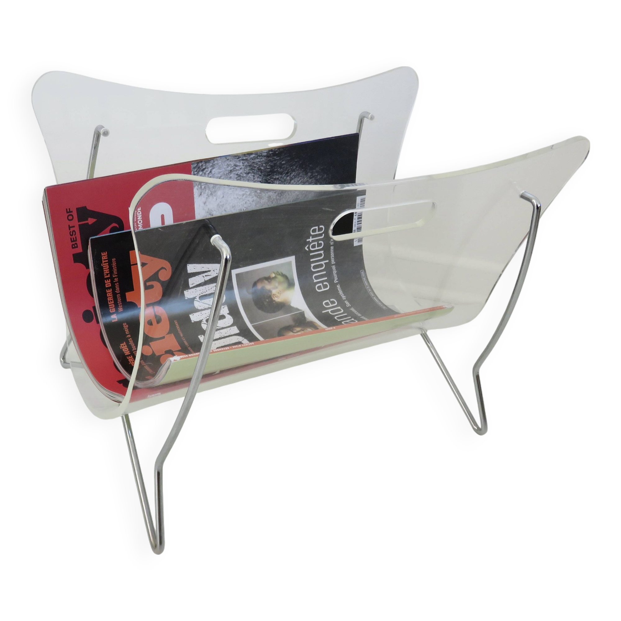 Magazine rack for Roche Bobois in plexiglass and chromed metal, 1970