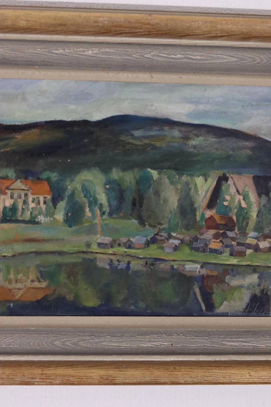 Original Swedish Oil on Panel – “Rural Village” by Astrid J – Vintage