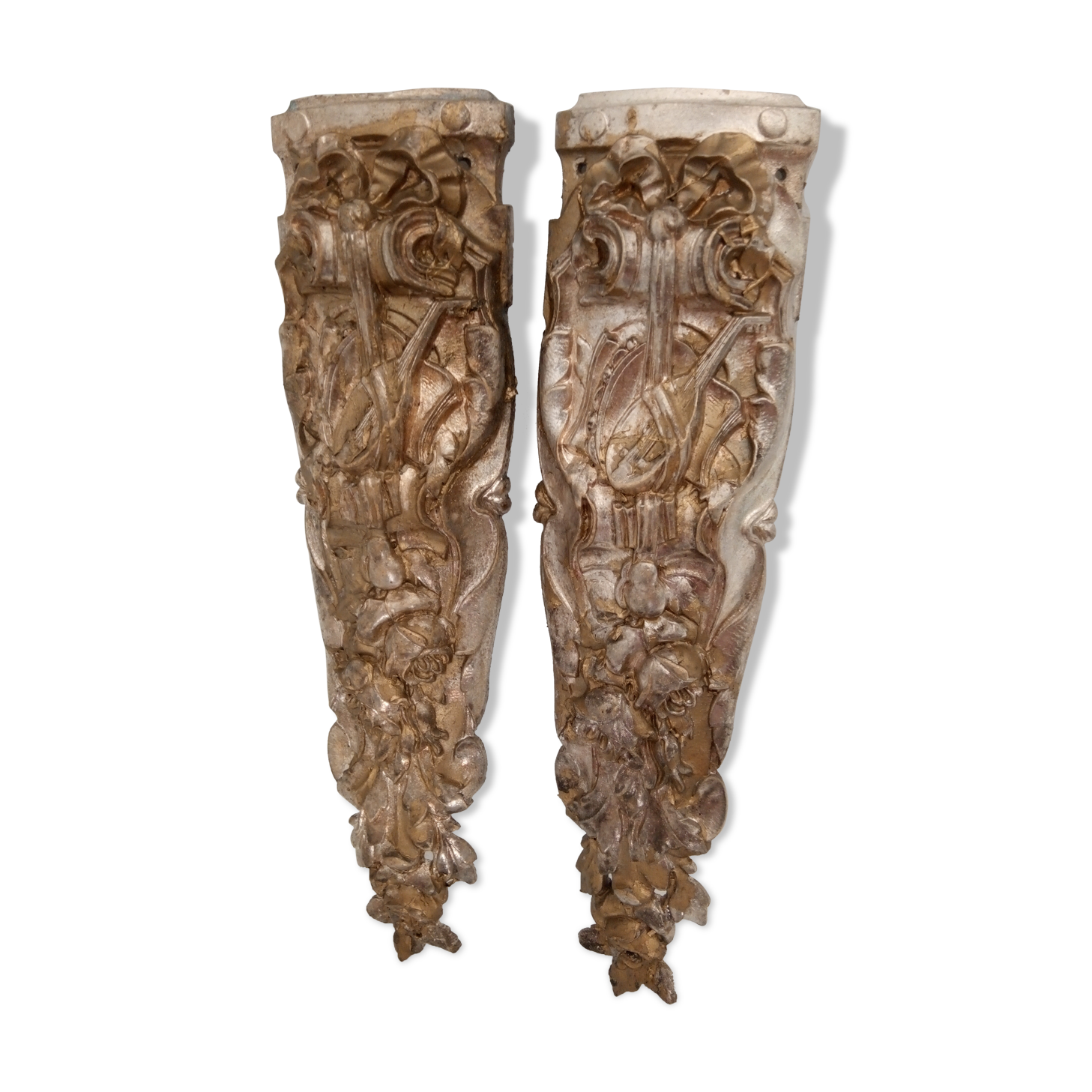 Pair of old pediments, silver bronze furnishings.