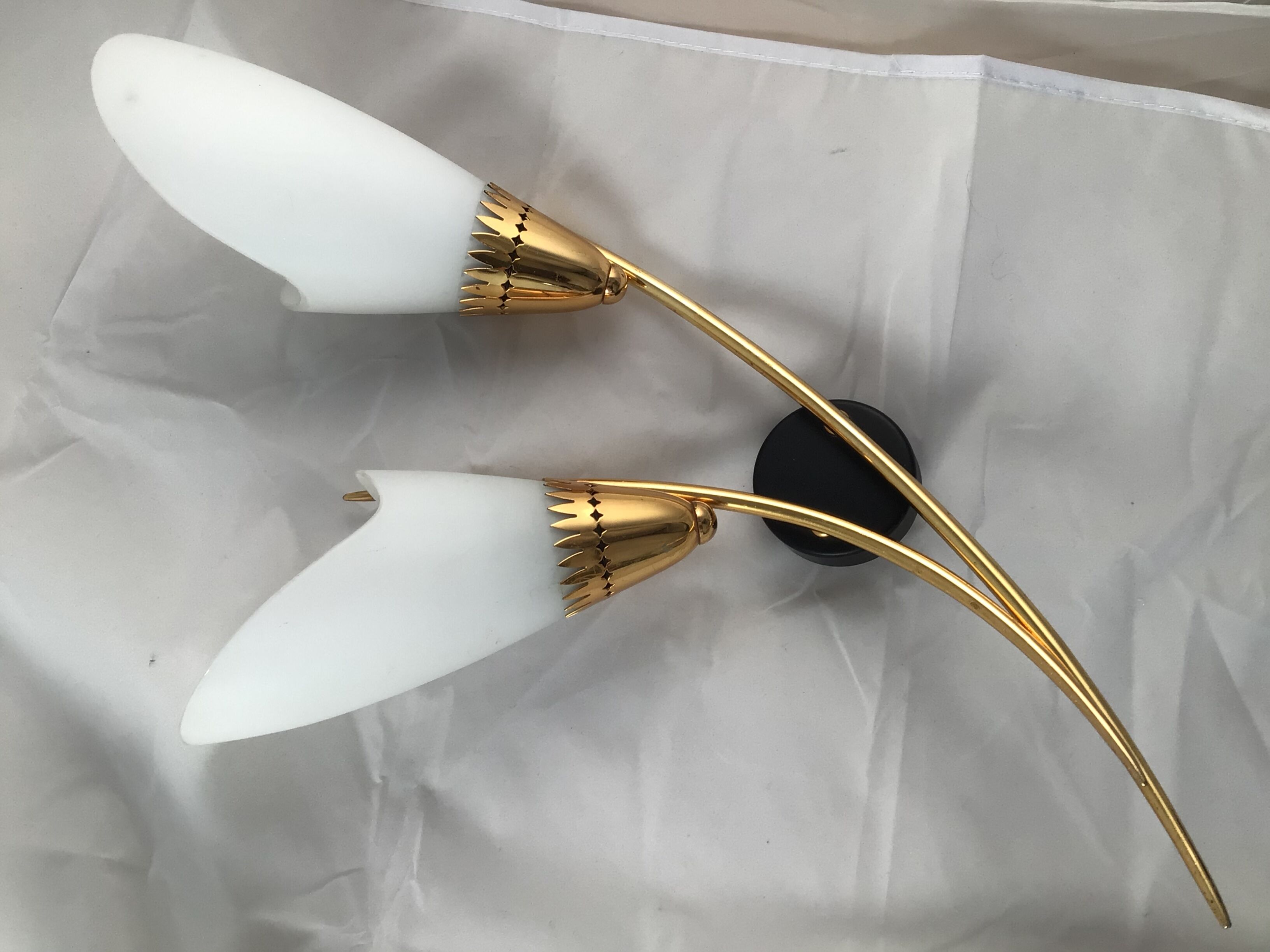 Pair of 60's gilded appliques 2 white conical lights