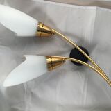Paire d’appliques 60’s dorées 2 lumières coniques blanches