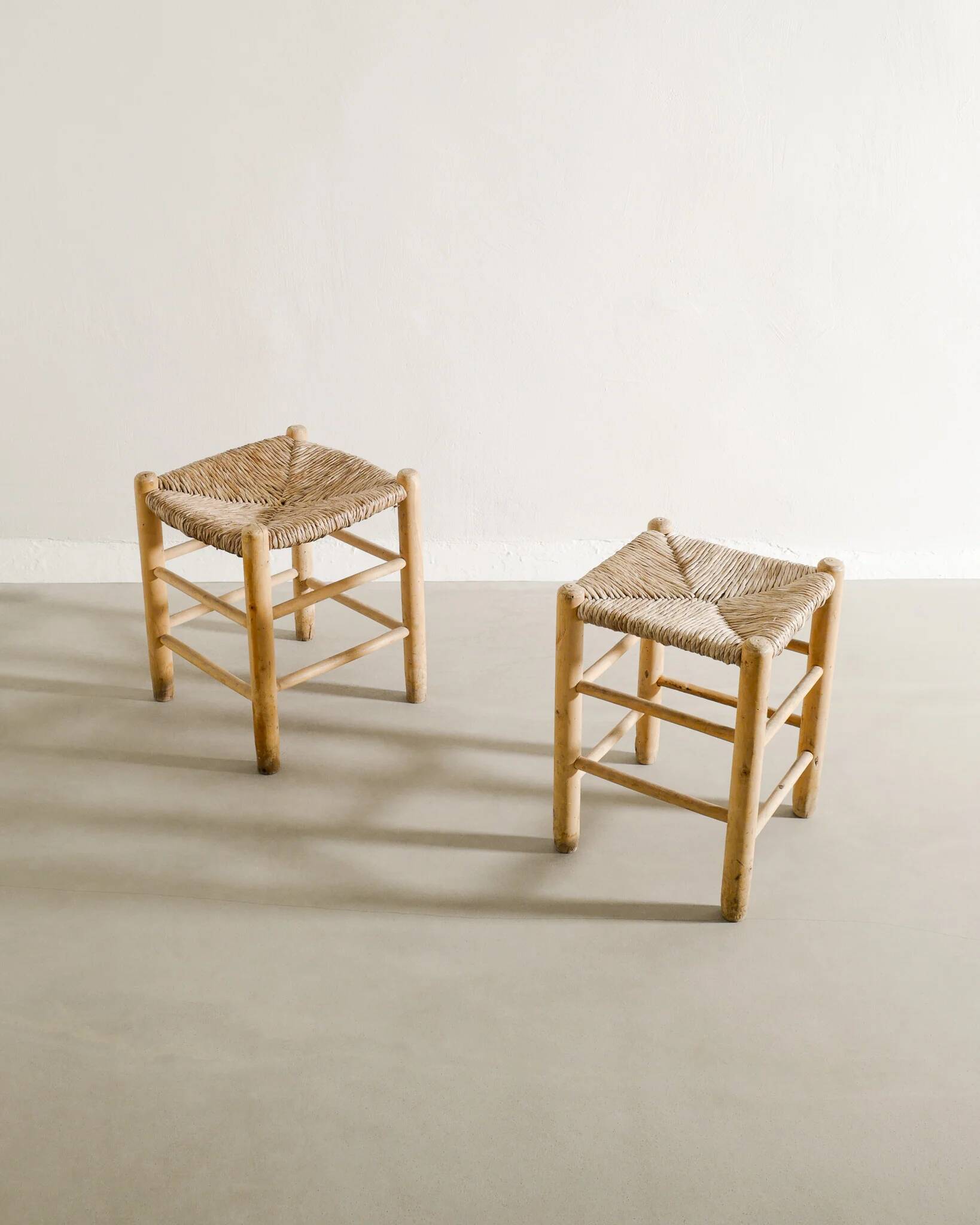 Pair of French Mid Century Wooden Straw Stools, 1960s