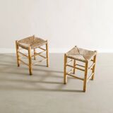 Pair of French Mid Century Wooden Straw Stools, 1960s