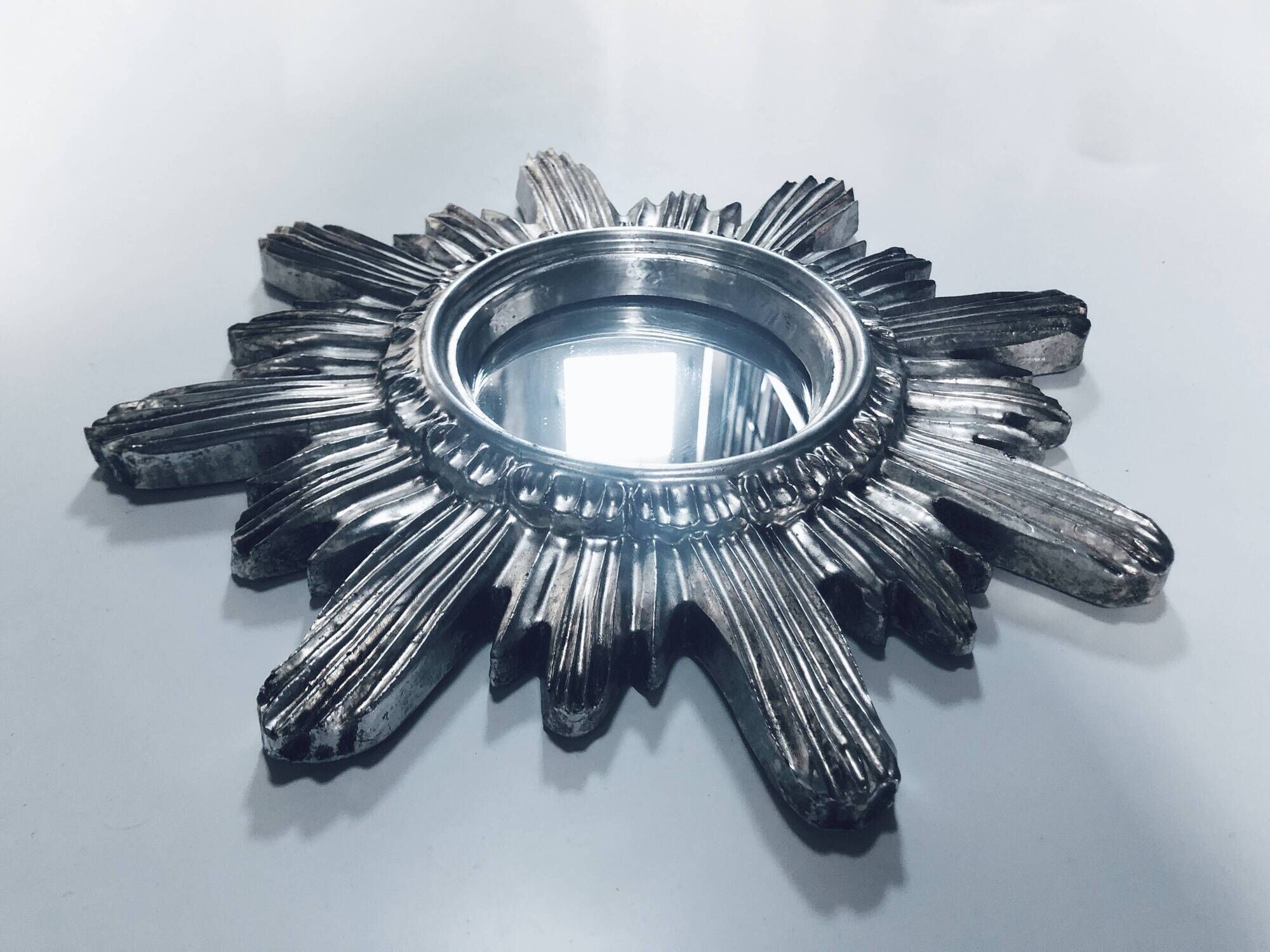 Wall Sun Mirror • Large Model • Carved Wood • Silver • 1960-70