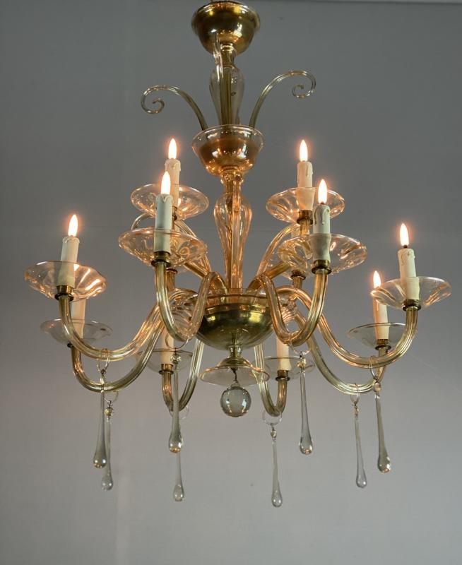 Golden Glass Lustre, Two Floors And 12 Arms Of Light Circa 1940