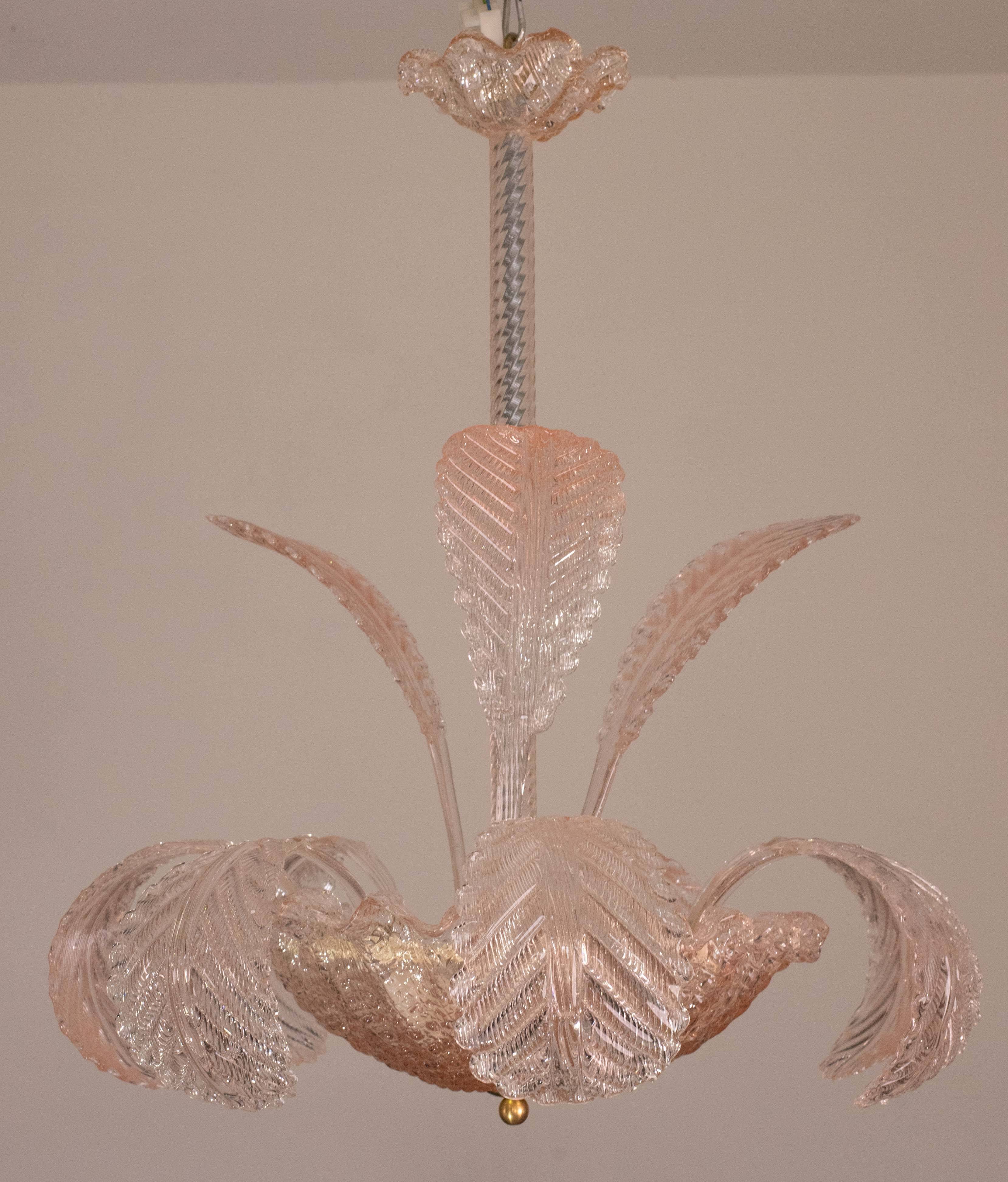 Pink Art Decò Barovier e Toso Chandelier, Murano Glass, 1950s