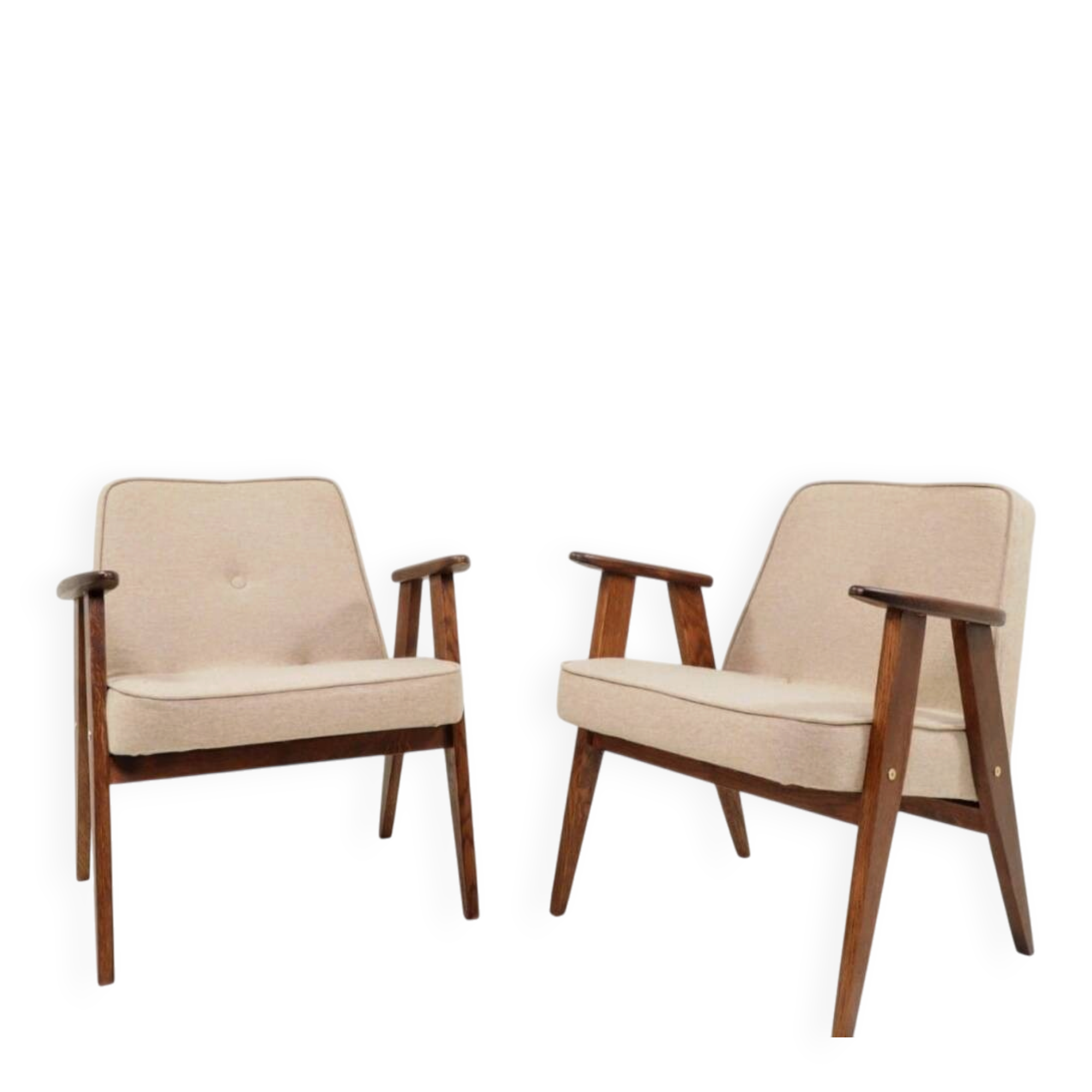 Vintage pair armchair, oak wood, wool upholstery, fully refurbished