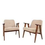 Vintage pair armchair, oak wood, wool upholstery, fully refurbished