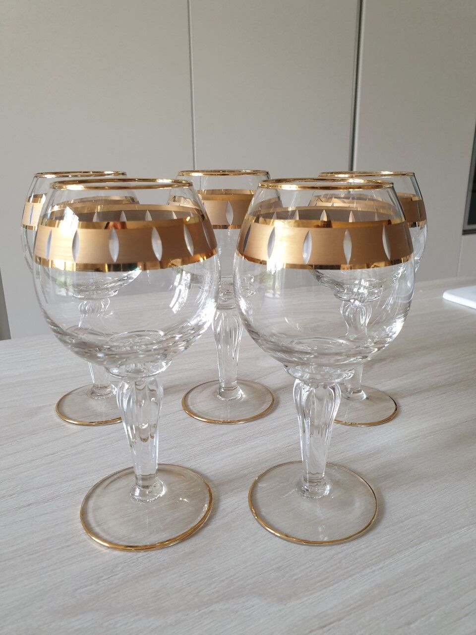 Lot De 6 Verres à Vin Anciens – Cristal Taillé Main Vert, 19ème – Style Hock, Motif Vigne