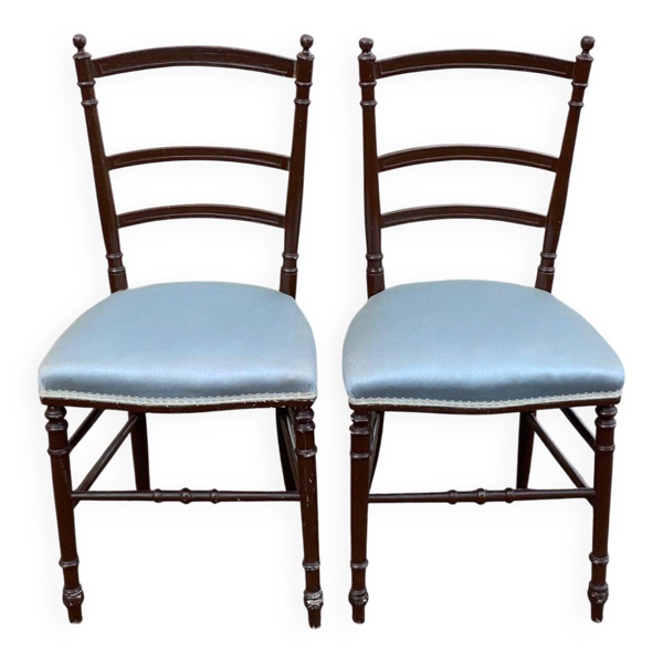 2 chaises Napoléon III bois massif et tissu satin bleu