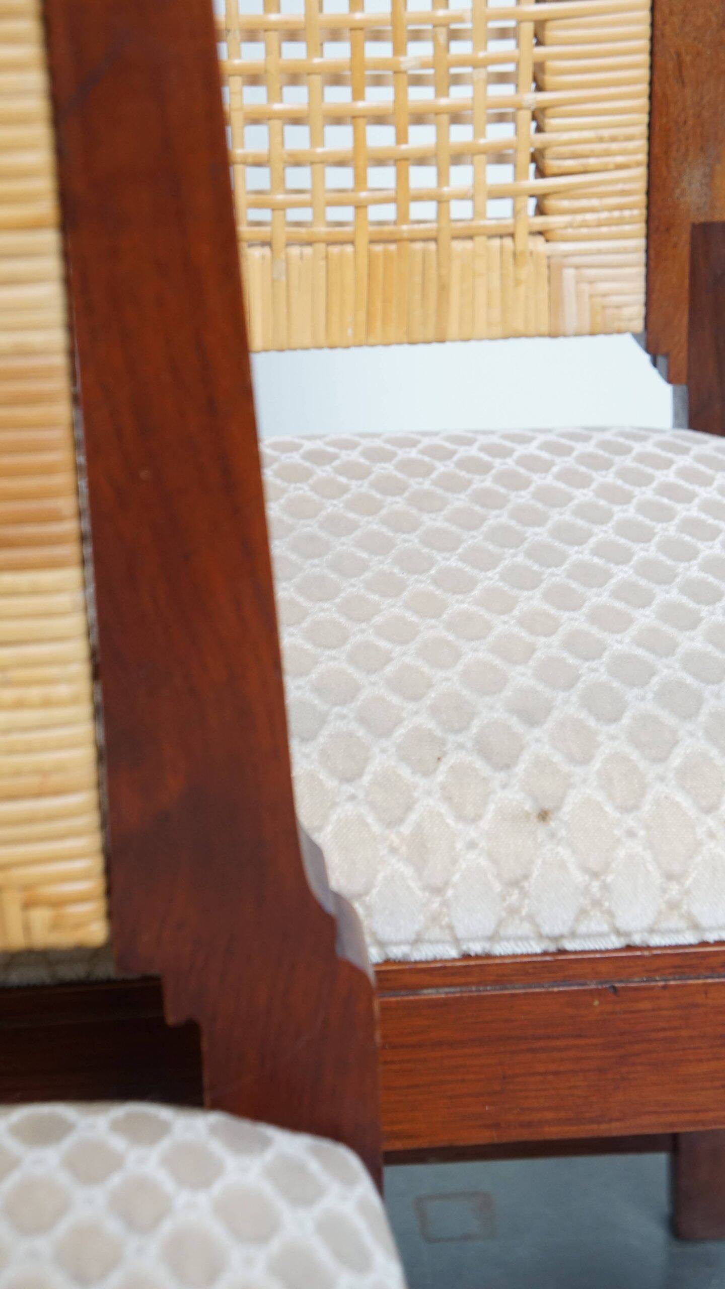 et of 6 wooden Art Deco design dining chairs with a wicker seat and backrest