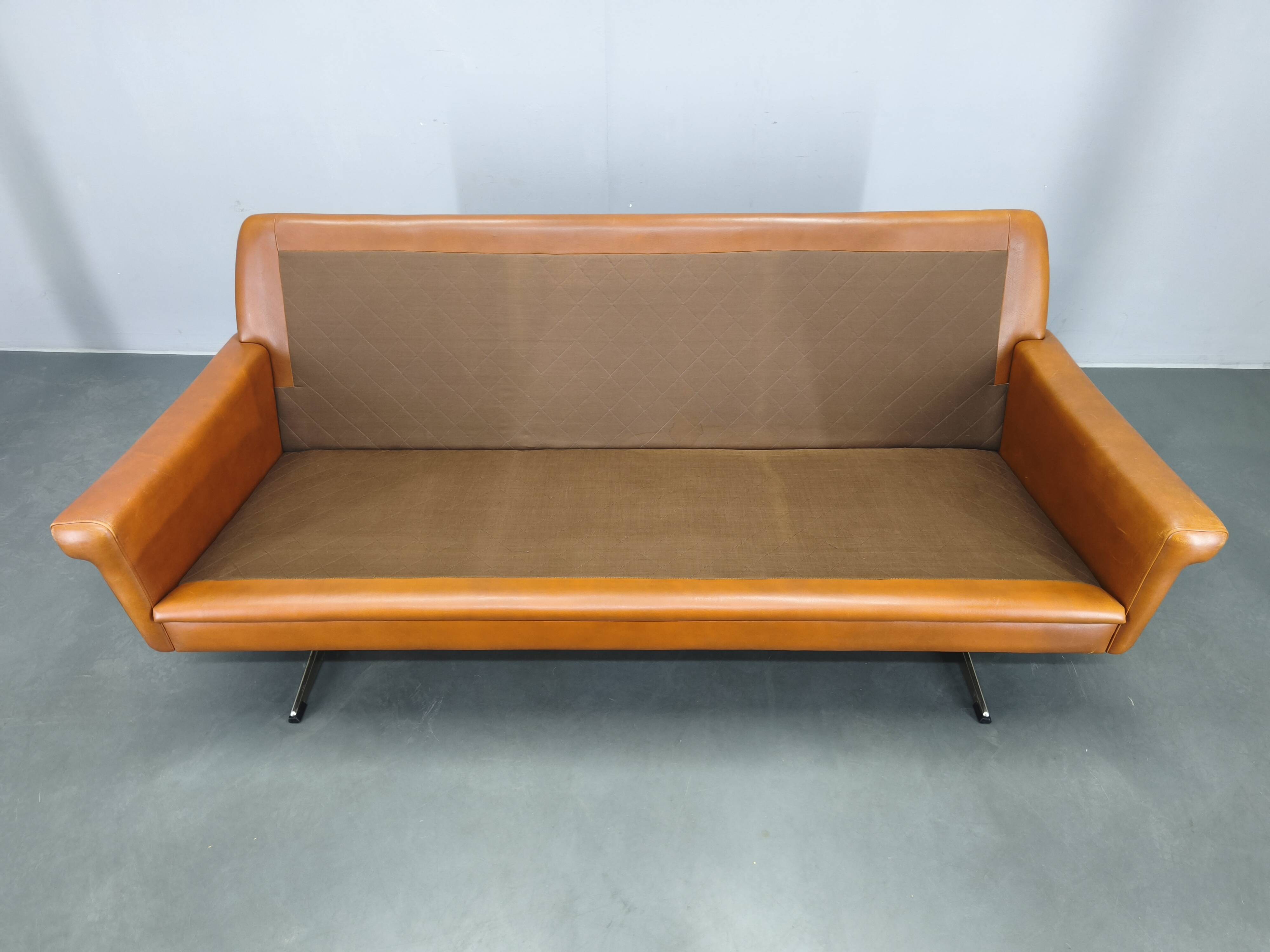 Svend Skipper Danish Leather Sofa Cognac Chrome, 1960s