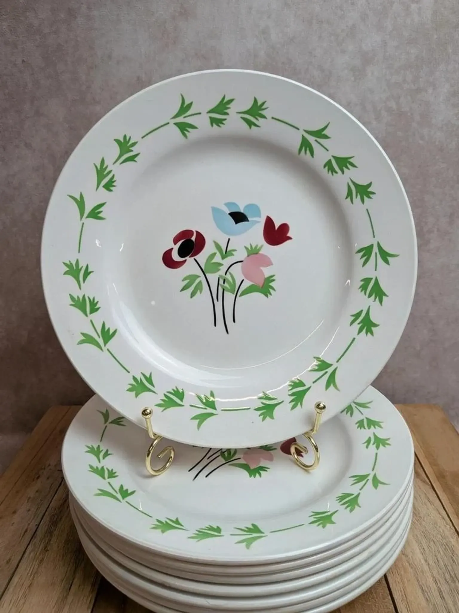 Set of 9 flat plates in ironstone Digoin Sarreguemines – Poupette model – Vintage