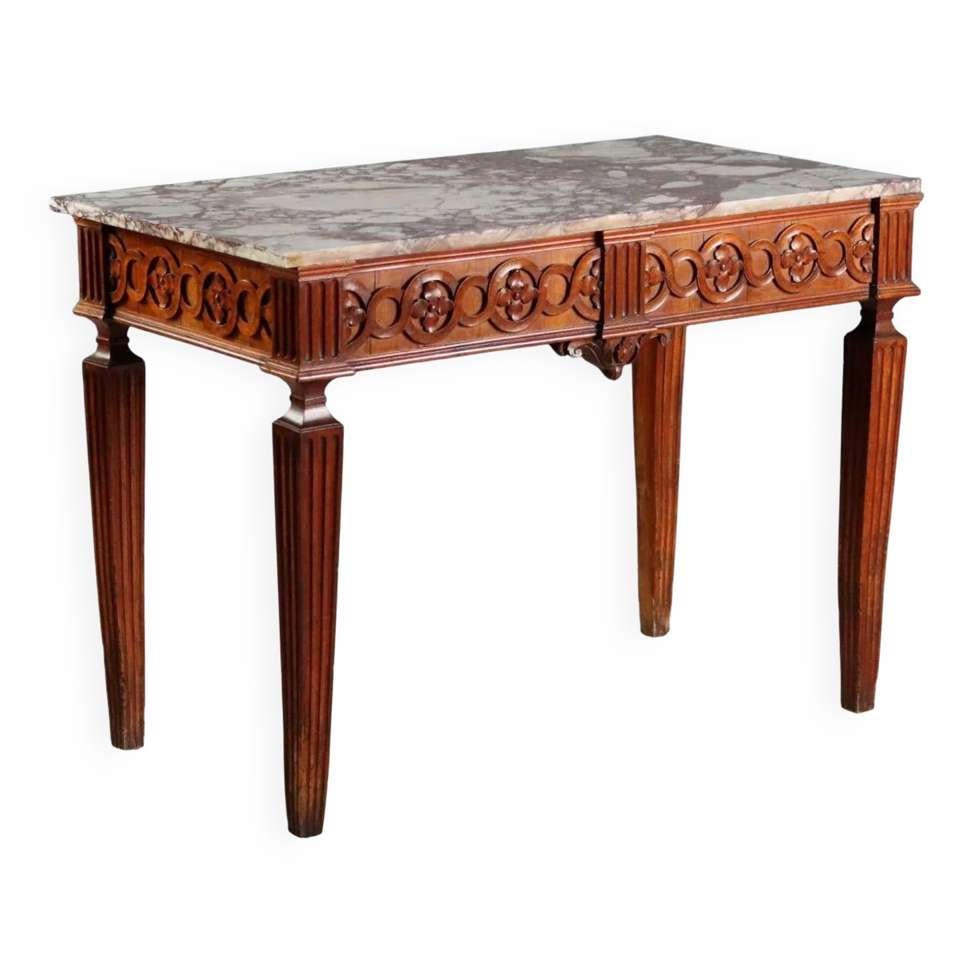 Console néoclassique en noyer avec plateau en marbre