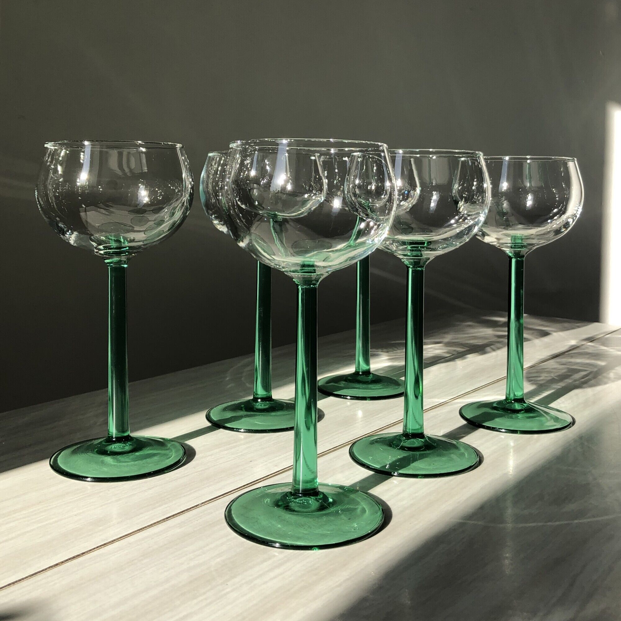 6 Alsace wine glasses, translucent emerald green foot, J.G Durand & Cie, Luminarc