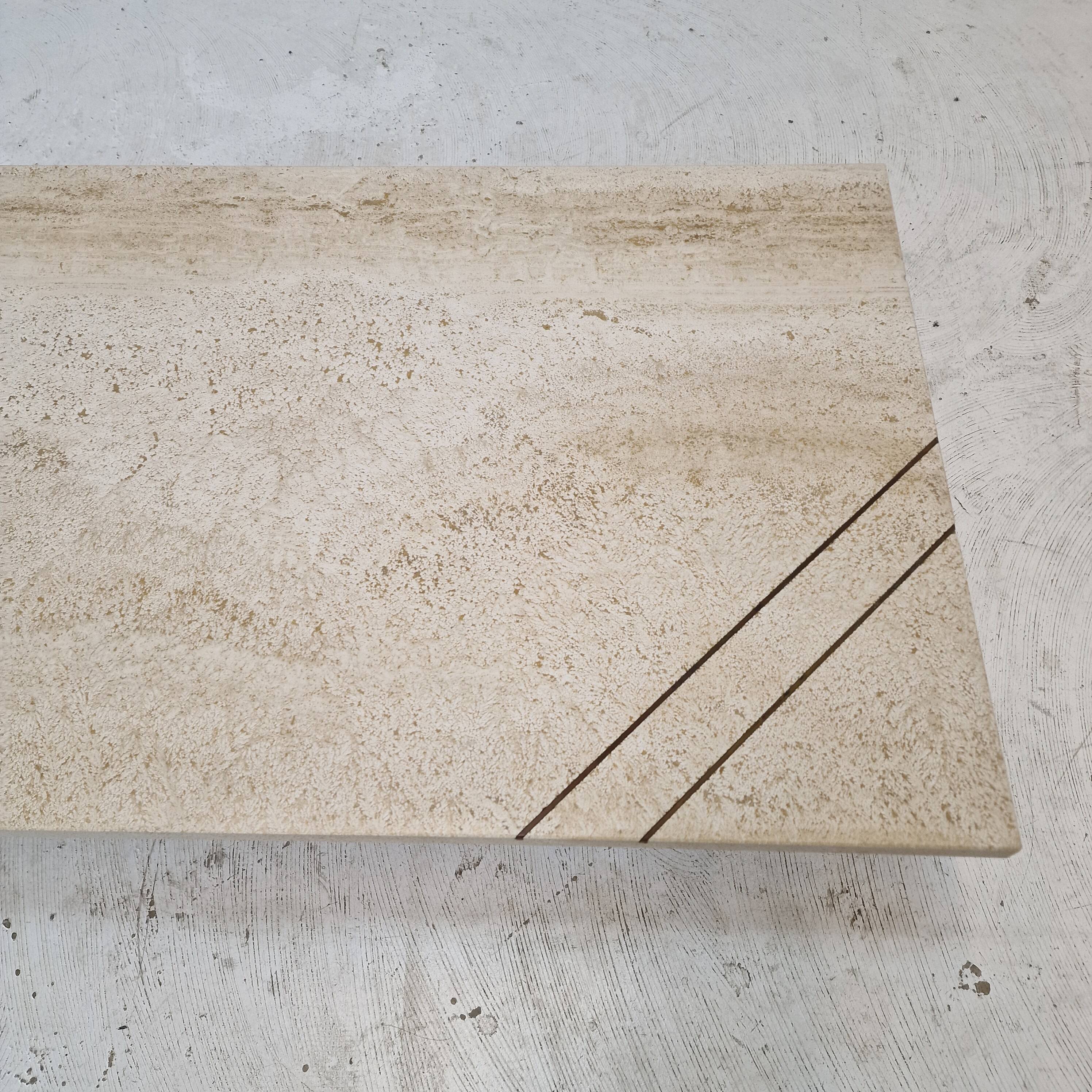 Rectangle Travertine Coffee or Side Table with Brass, Italy 1980s