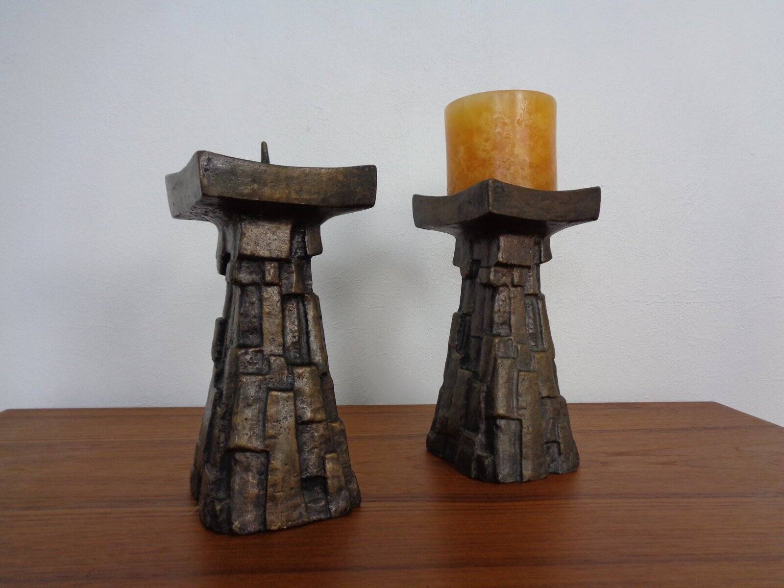 Large Brutalist German Bronze Candleholders, 1960s, Set of 2