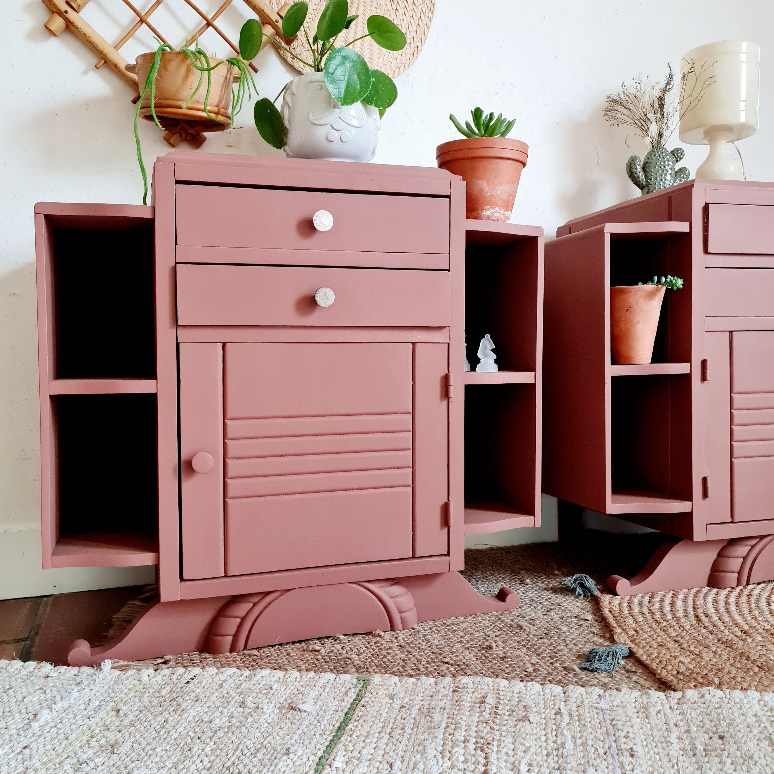 Pair of art deco bedside tables renovated Red ochre