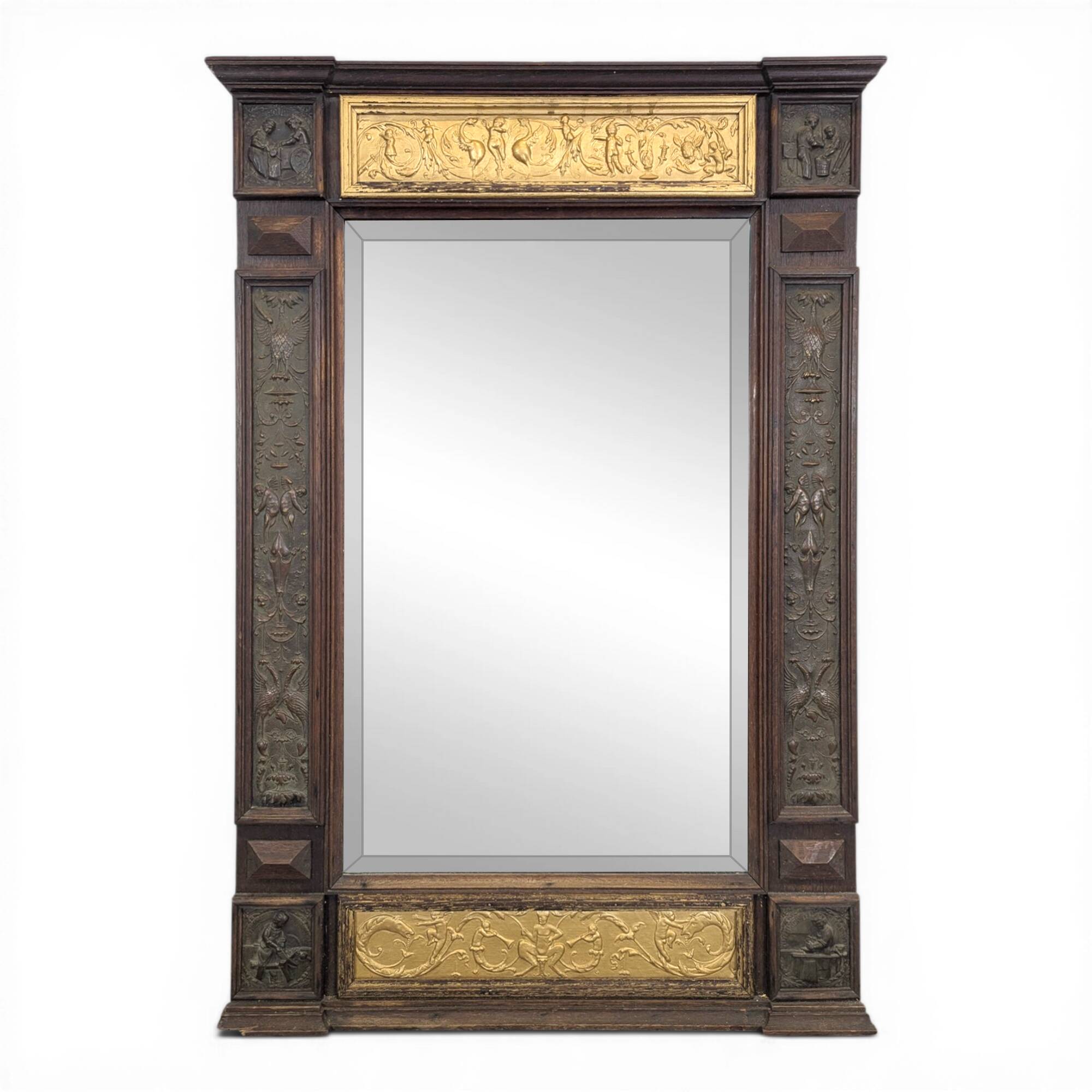 Renaissance-style mirror in wood and copper with a craftsmanship theme.
