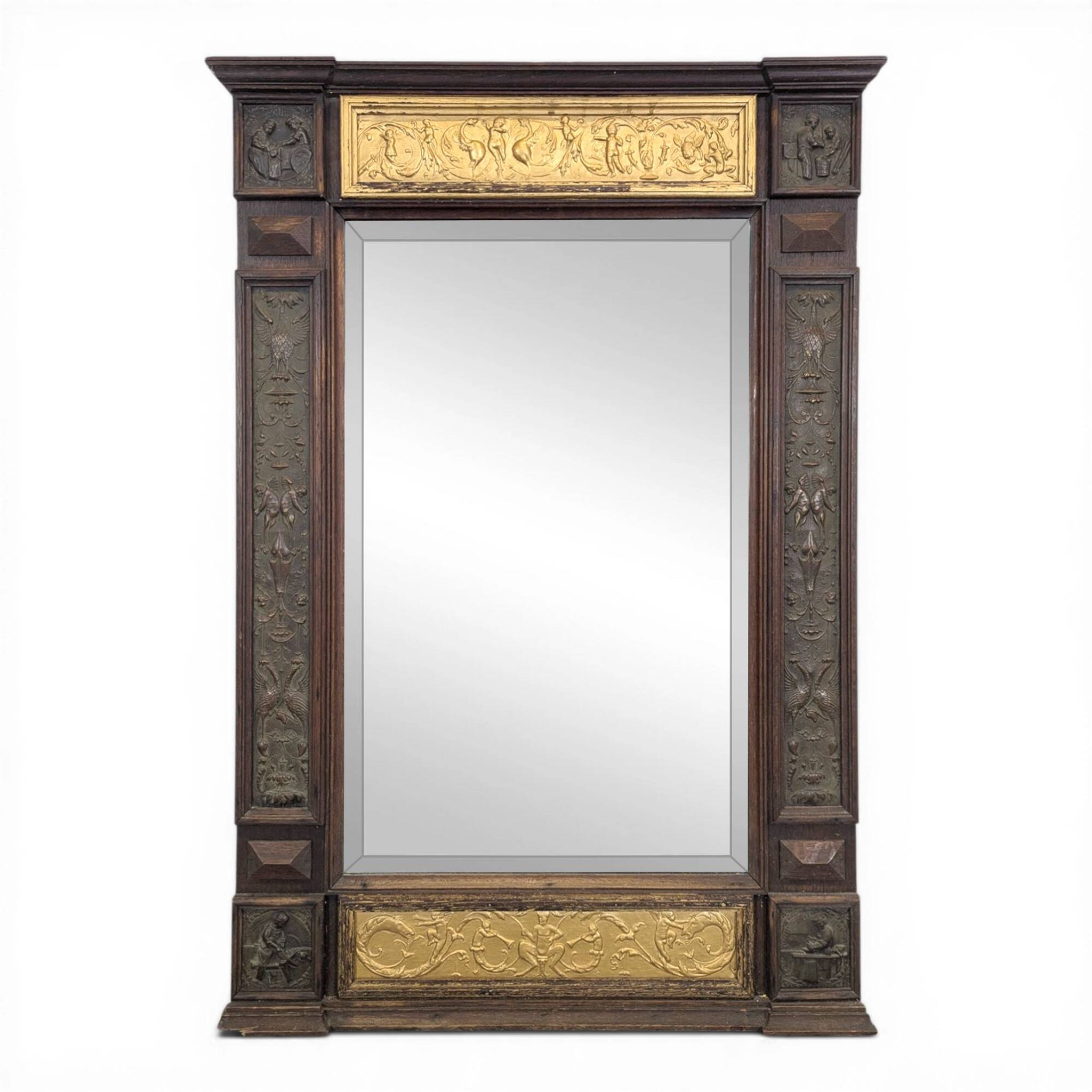 Renaissance-style mirror in wood and copper with a craftsmanship theme.