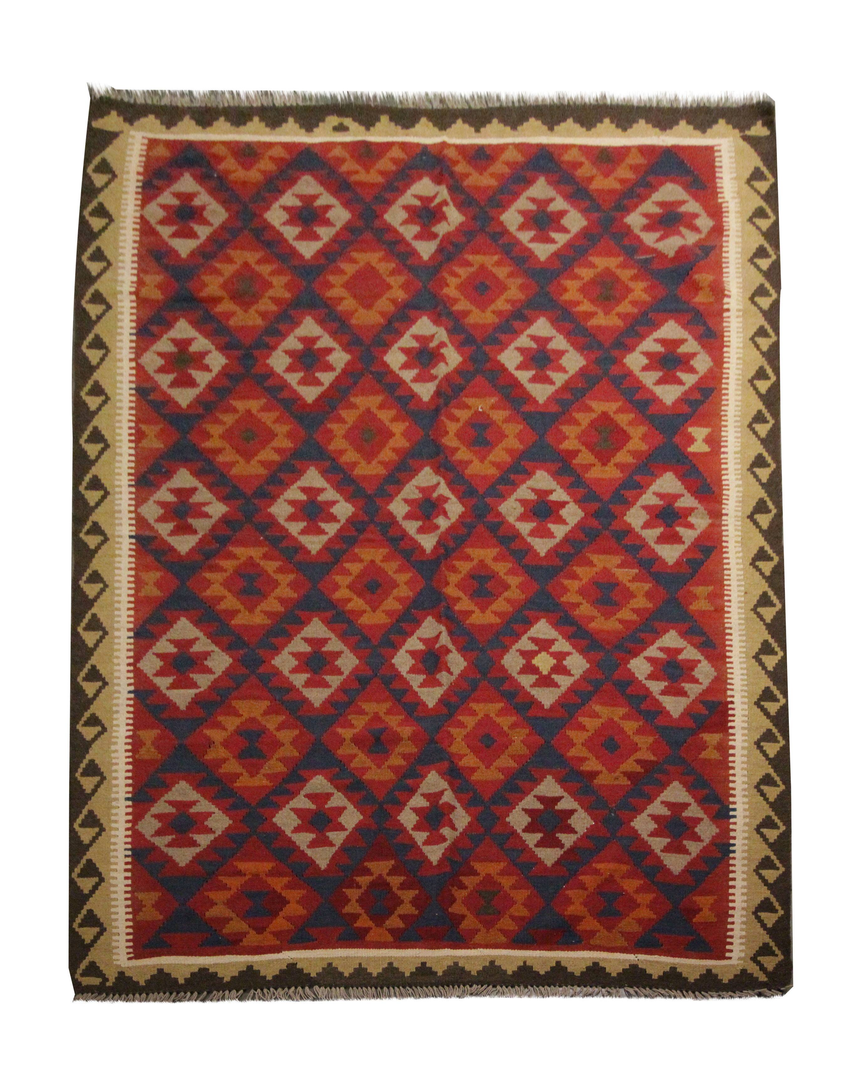 Burgundy Afghan Kilim Rug, Geometric Wool Flatweave, Handmade Tribal Carpet