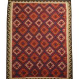 Burgundy Afghan Kilim Rug, Geometric Wool Flatweave, Handmade Tribal Carpet