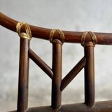 Rare McGuire 1970s dark brown rattan armchairs — set of 6, bamboo bindings, mid-century boho
