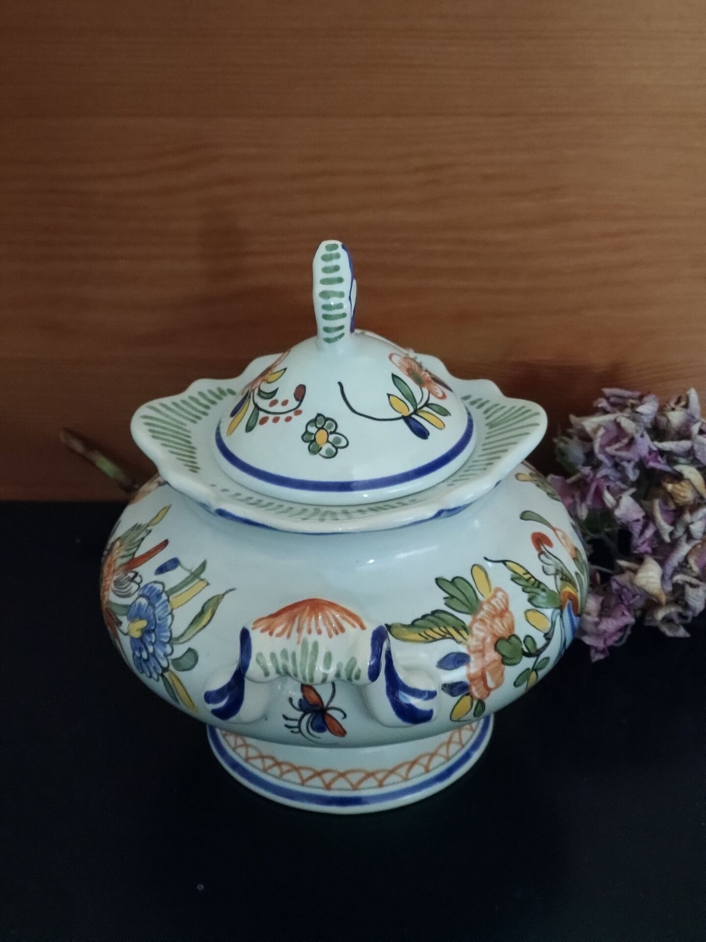 Antique sugar bowl in Rouen-style earthenware