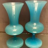 Two vases on a pedestal in blue opaline