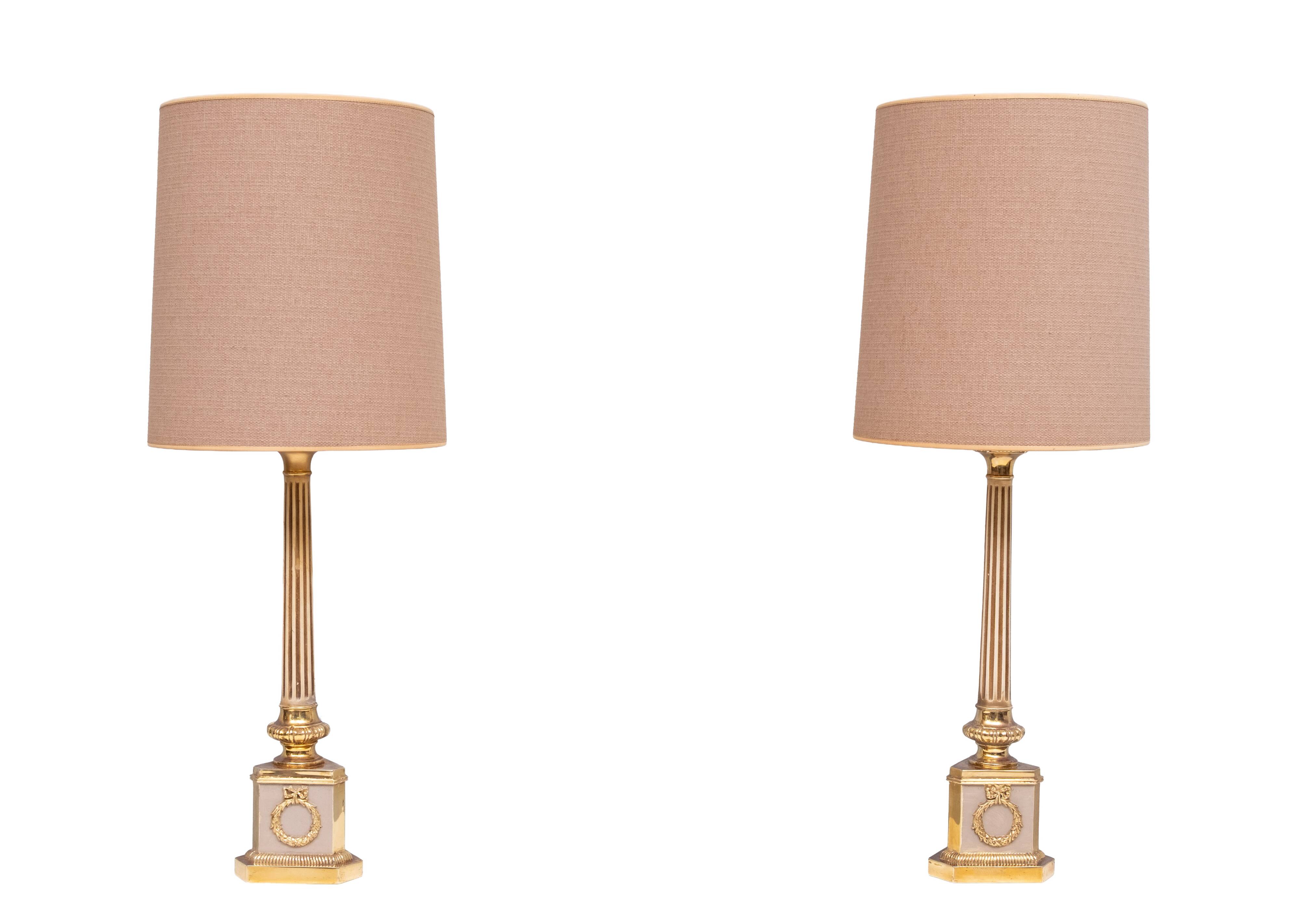 Antique empire brass Column Table Lamps 1950s