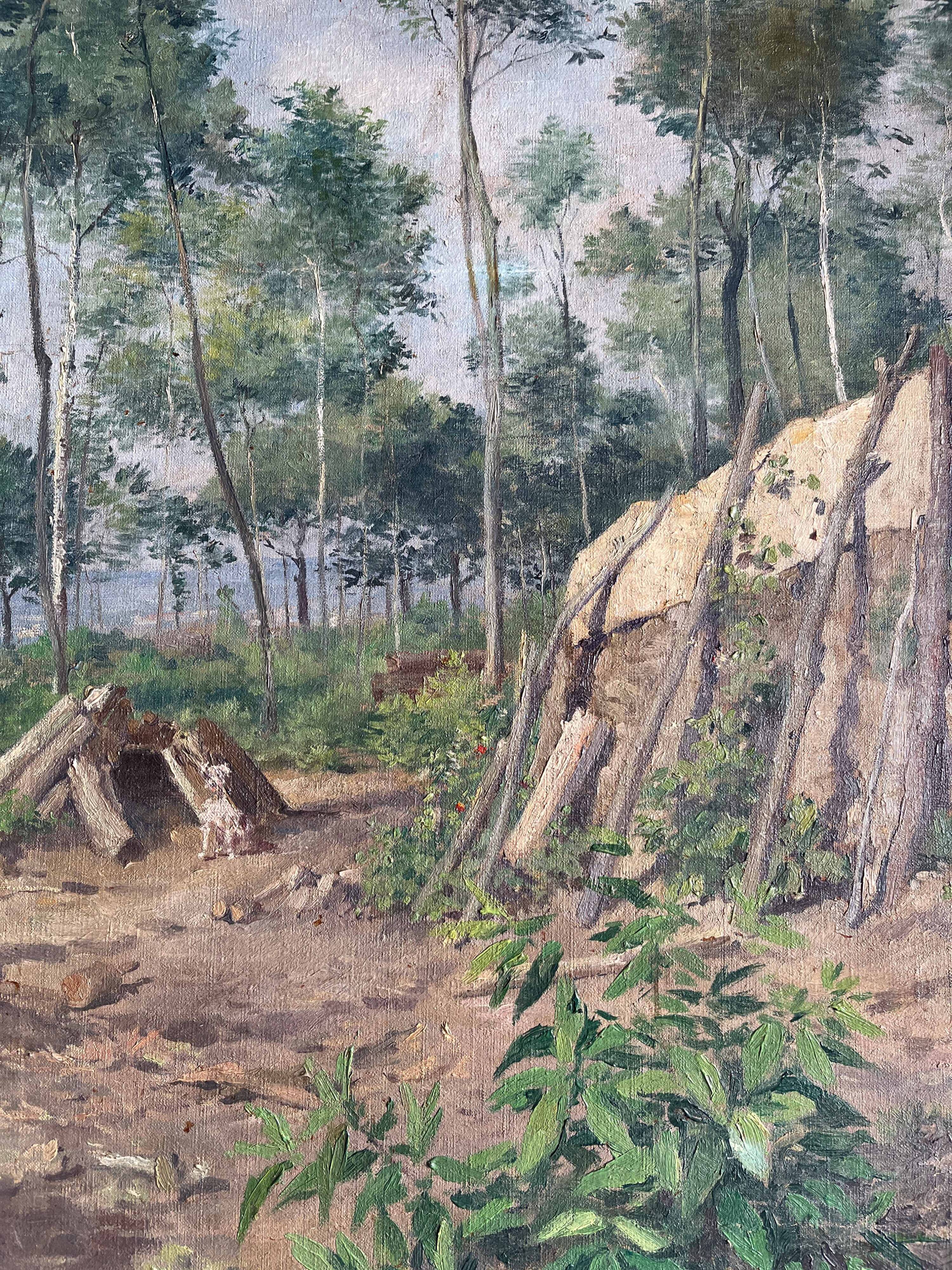 Hst painting "forest with cabin" lumberjack forestry early 20th century