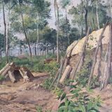 Tableau hst "forêt avec cabane" bucheron sylviculture début xx°