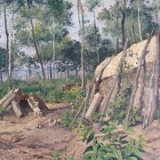 Tableau hst "forest with cabin" lumberjack forestry early 20th century