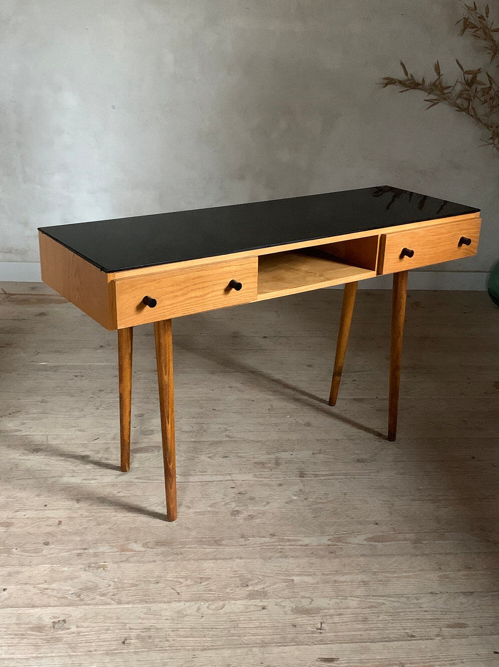 Vintage desk with compass legs in oak