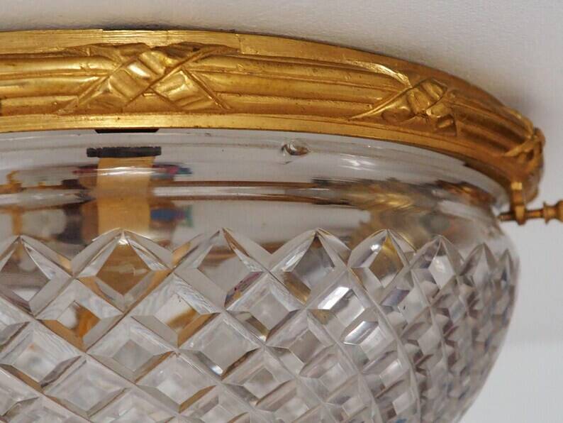 Bronze Cut Glass Ceiling Light: Mid-Century French Louis XVI Ceiling Lamp