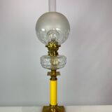 Kerosene lamp of brass with white opaline glass shade and yellow glass stem, 1860