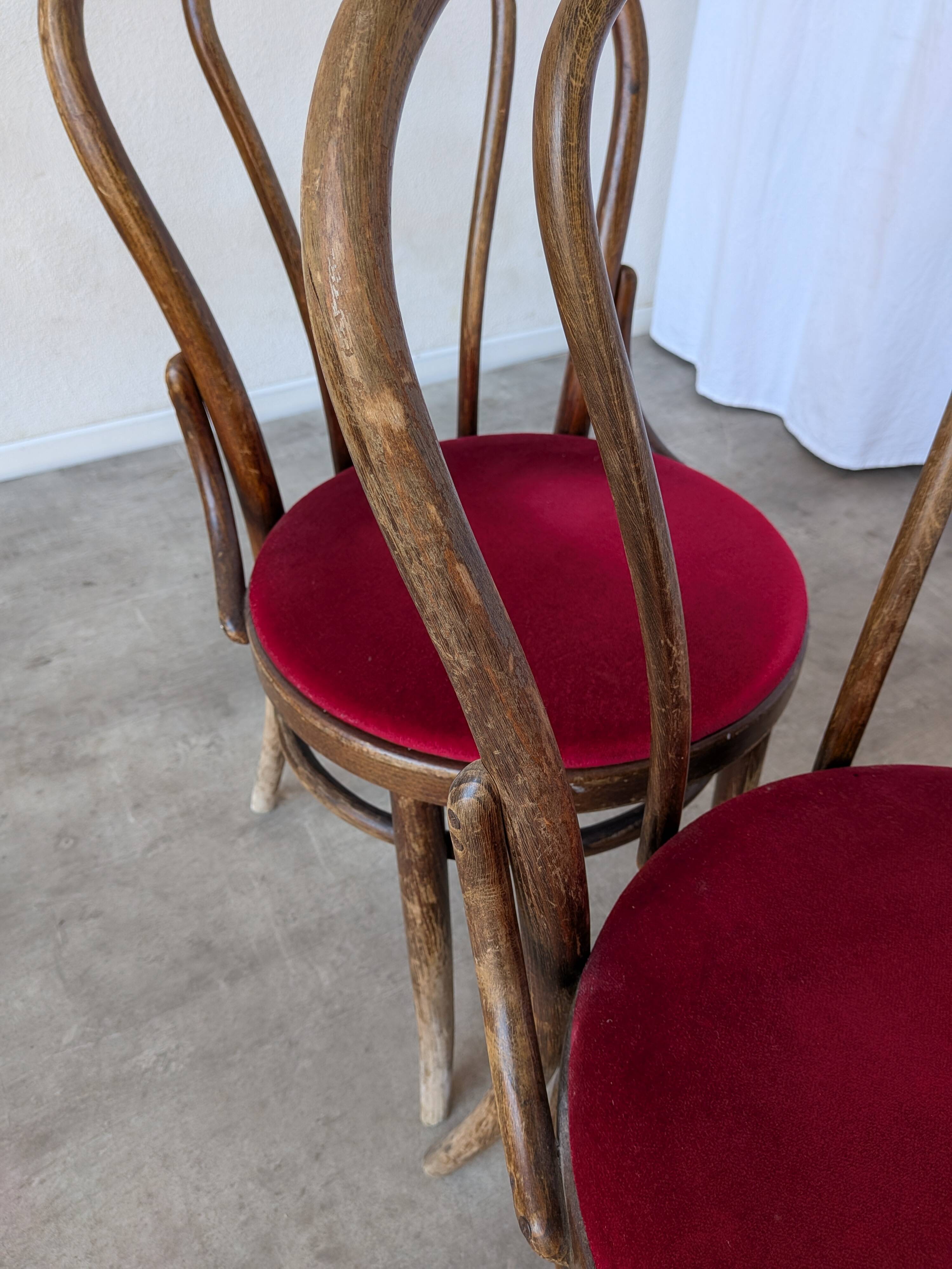 Set of 4 Vintage Bentwood Bistro Chairs, Red Upholstery