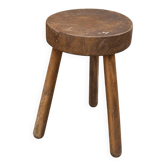 Ancien tabouret tripode en bois massif – esprit brutaliste / art populaire