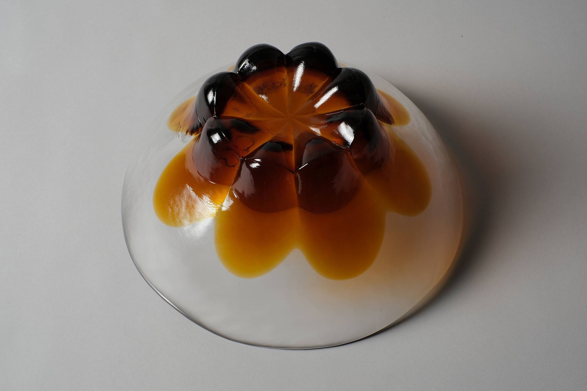 Humppila Finland Amber Art Glass Bowl, MCM Petal Sunburst Design, 1970s.