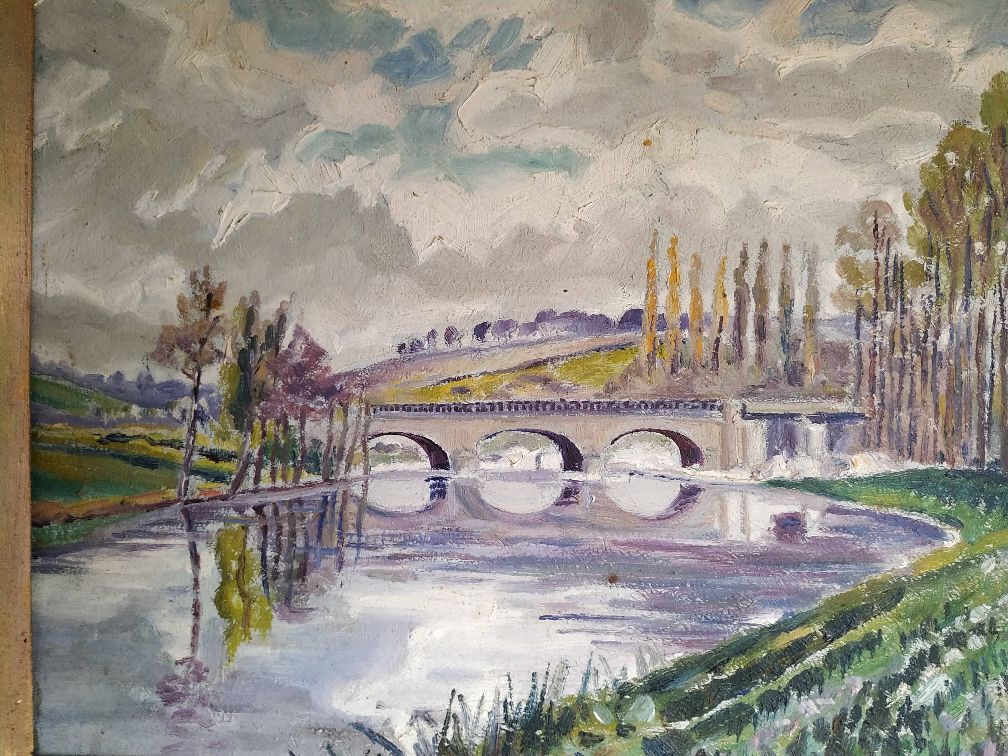 Huile sur panneau l'eau coule sous les ponts