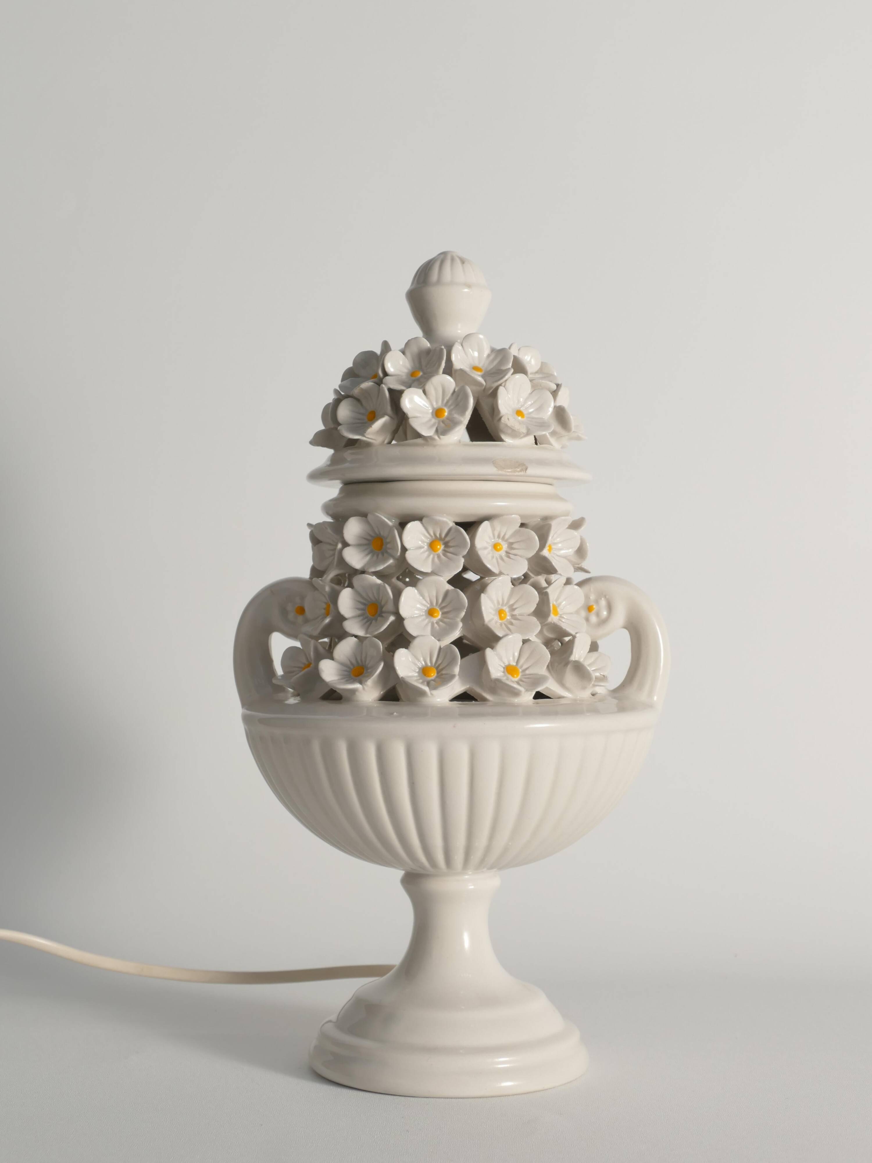 White Ceramic Table Lamp with Flower Motif, Italy 1960s