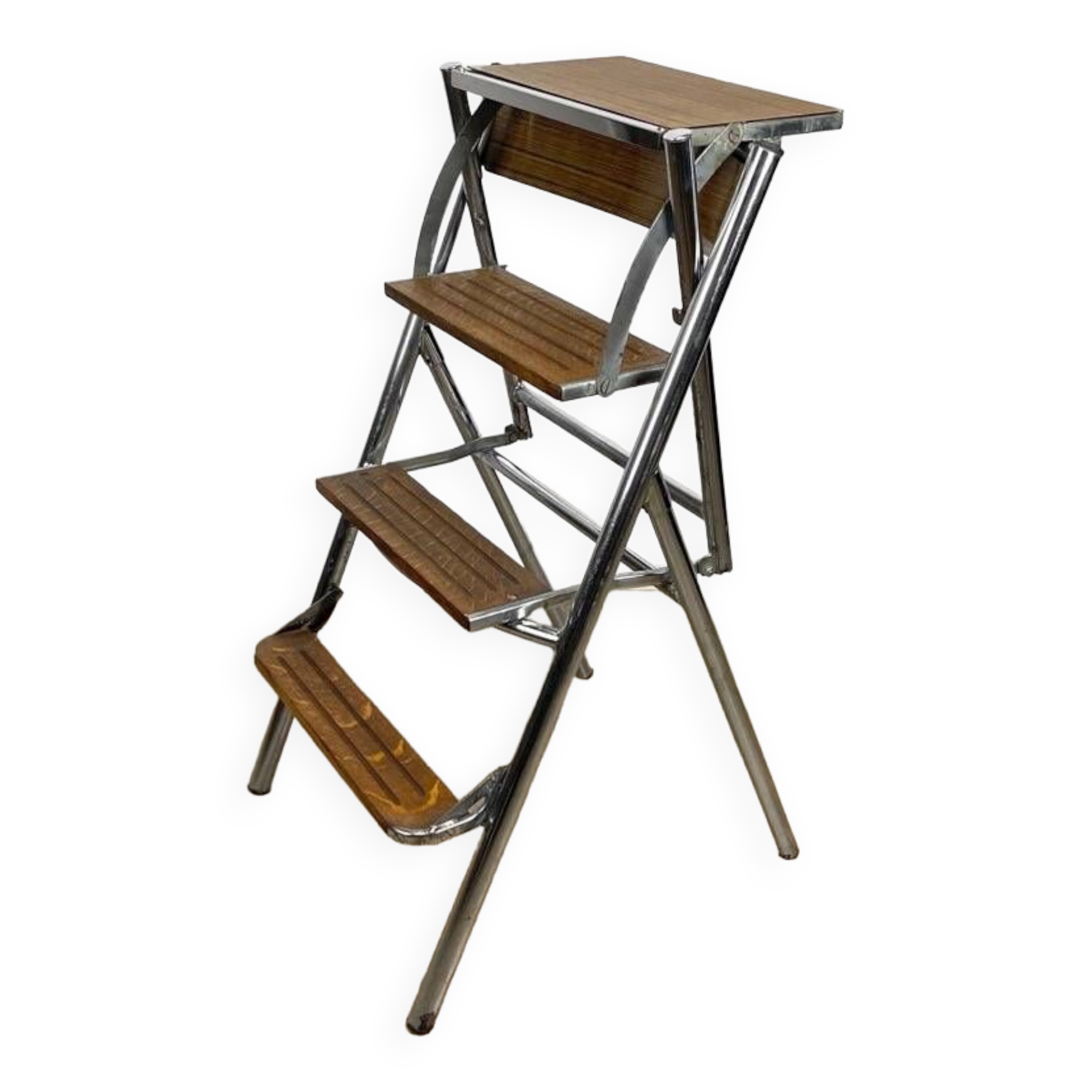 Metal wood and Formica office step stool chair from the 1950s