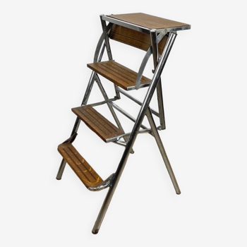 Metal wood and Formica office step stool chair from the 1950s