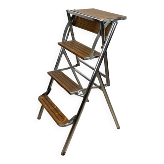 Metal wood and Formica office step stool chair from the 1950s