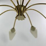Brass chandelier, textured glass, 1960.