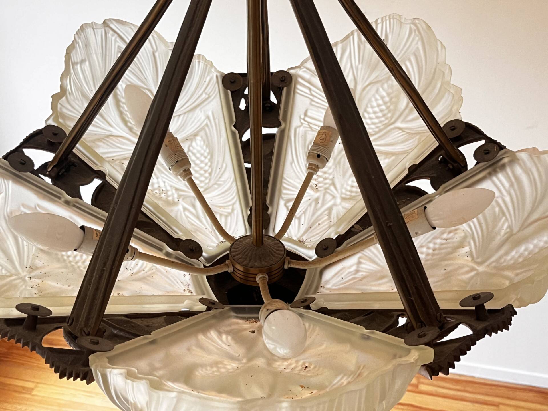 Opaline and brass chandelier