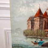 Oil painting on canvas chateau signed vintage
