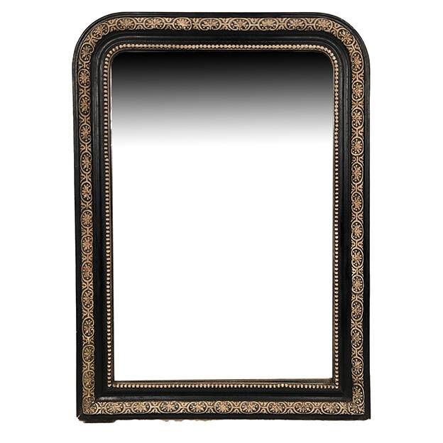Napoleon III curved mirror, blackened wood frame with cream trim