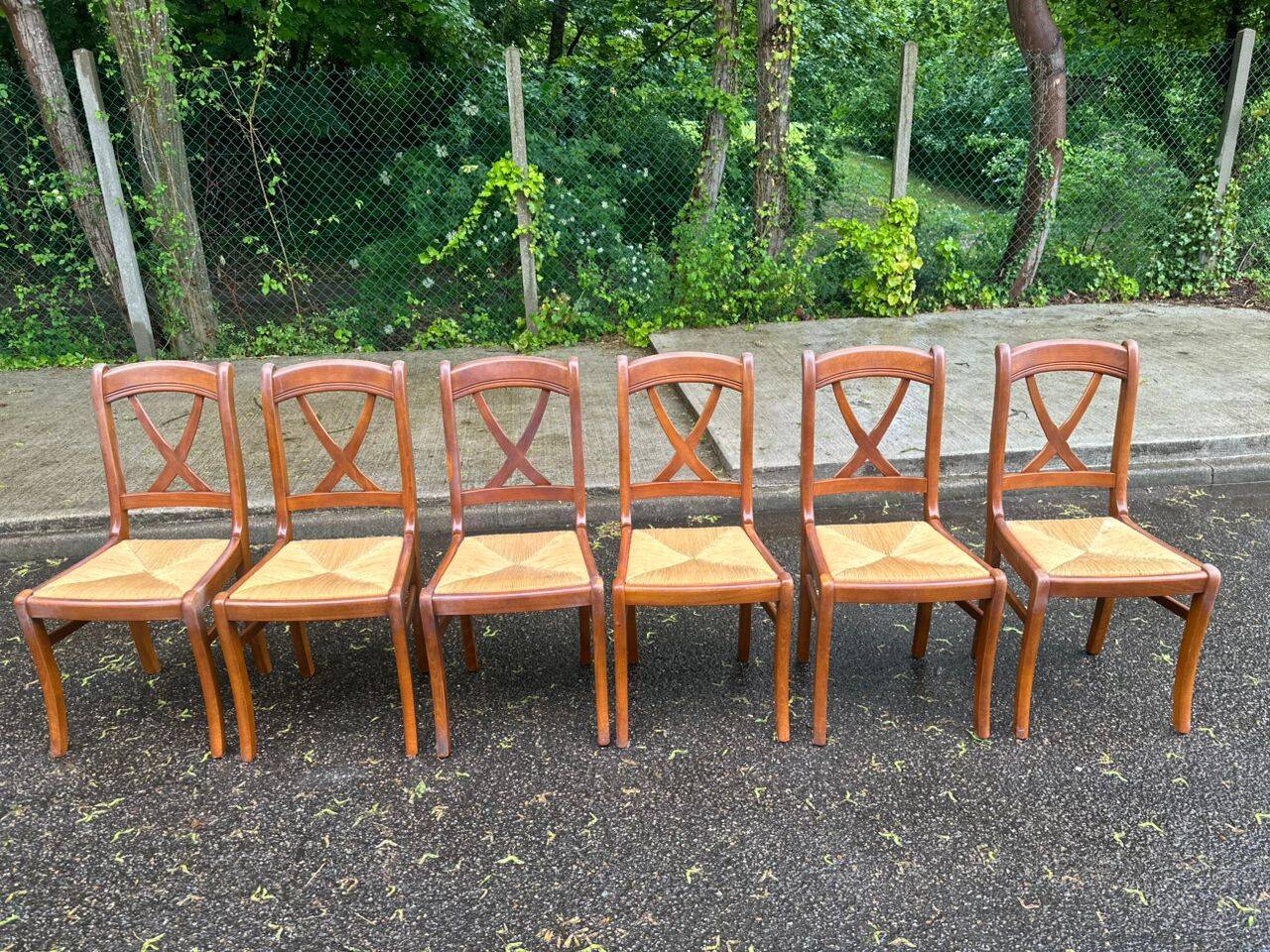 6 Directoire-style dining chairs in solid wood with rush seats from the 1960s.
